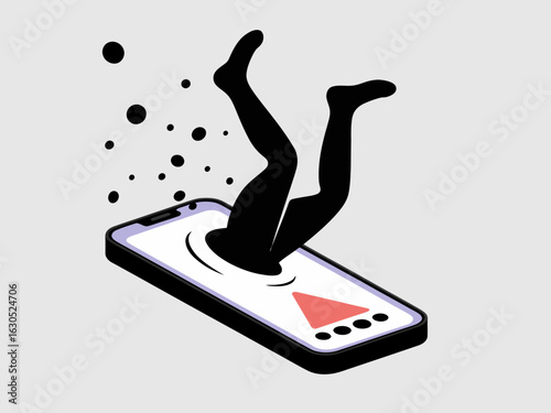 Digital Addiction Concept Art – Person Falling into Smartphone Screen Illustration.