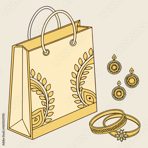 Indian Jewelry and Gift Bag – Traditional Gold Bangles and Earrings Vector Illustration