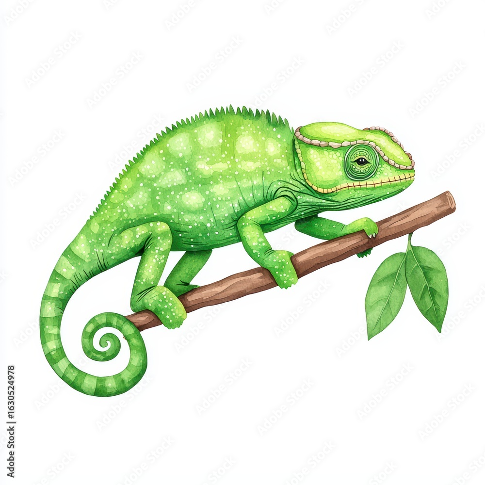 Fototapeta premium Green Chameleon Resting on Branch with Leaves Illustration