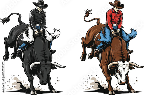Vector art of cowboy riding a bucking bull in a rodeo 