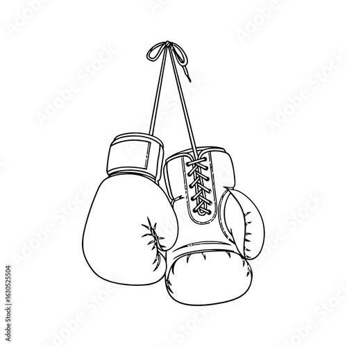 Outline drawing of a pair of boxing gloves hanging from a tied string loop