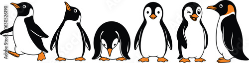 Vector art of group of cartoon penguins standing and sitting