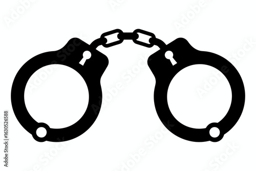 Metal handcuffs with a chain, key, and lock, isolated on a white background, symbolizing law, justice, and the punishment for crime.