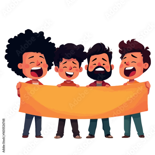 Vsai four boys holding empty banner and shouting loudly