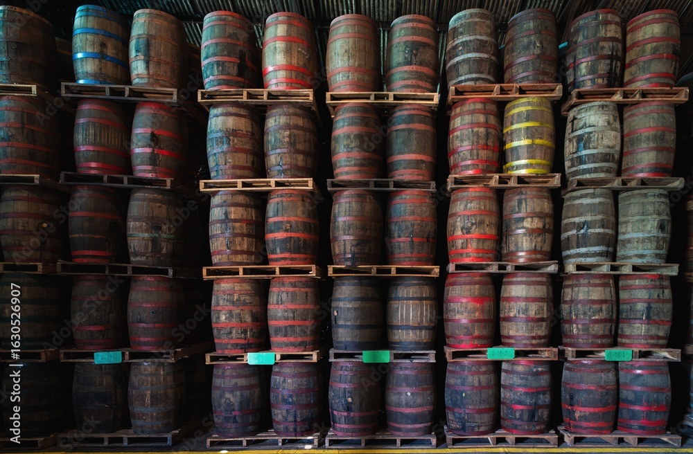 Fototapeta premium Stacked wooden barrels in a warehouse with colorful stripes.