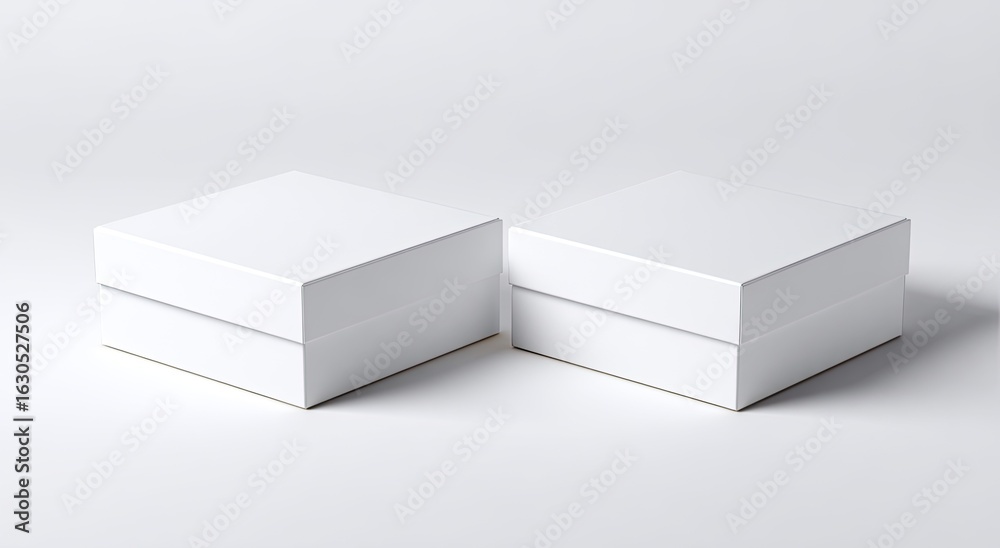 Fototapeta premium Two blank, square, white cardboard boxes, side by side on a white surface