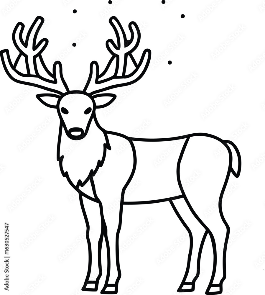 Obraz premium Majestic reindeer with antlers standing in snowflakes outline drawing line art vector illustration eps