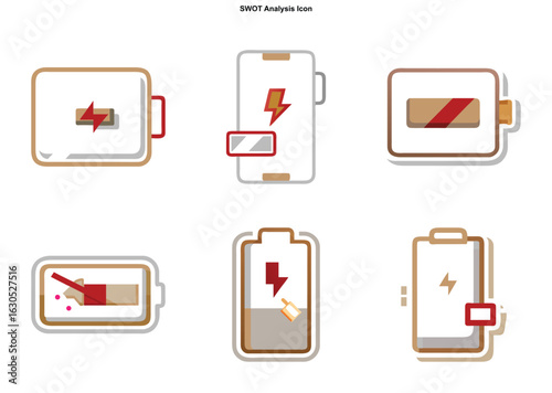 Battery charging icons depicting different levels and states of the charge