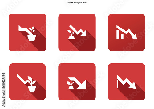 Red square icons showing declining trends with plant and arrow symbols