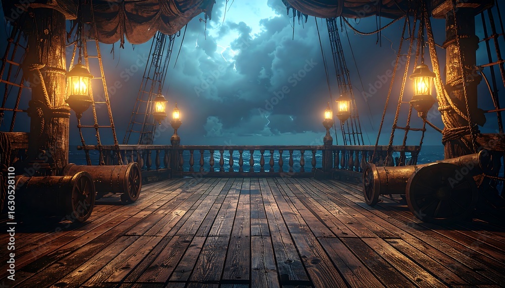 Obraz premium Dark, stormy night scene on a weathered wooden pirate ship deck, with cannons and lanterns