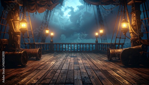 Dark, stormy night scene on a weathered wooden pirate ship deck, with cannons and lanterns