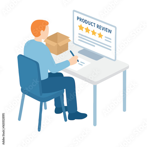 Isometric Man Writing Product Review on Computer with Cardboard Box Illustration