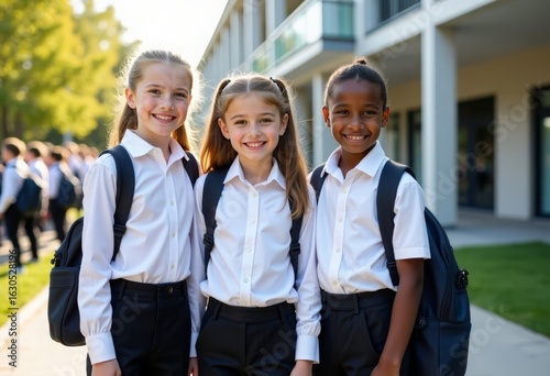 Schoolchildren in white shirts and black trousers smile and look into the frame, children with white skin and African Americans. In the background there is a school and students. Meeting of schoolchil