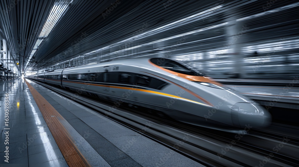 Fototapeta premium Fast Train Arriving Platform. Commuters Wait in Hall. For News, Brochure