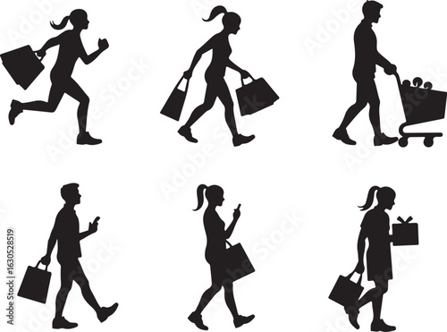 People enjoying shopping spree silhouettes in black and white
