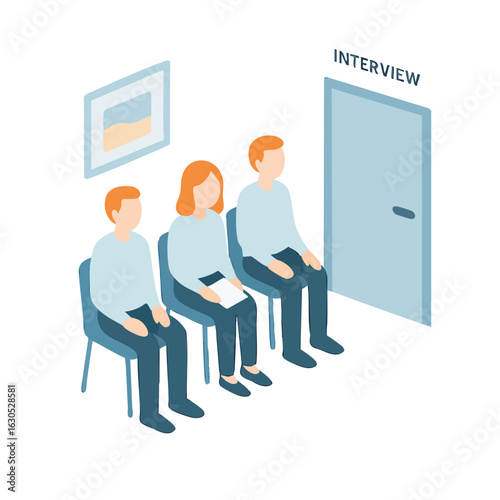 Isometric Job Interview Waiting Room Scene with Applicants Illustration