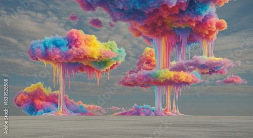 Surreal clouds dripping colors over flat backdrop