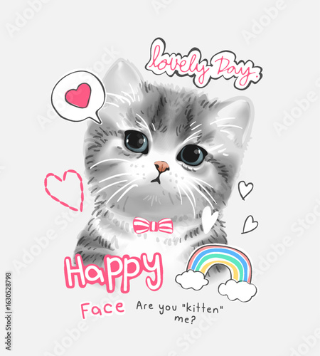 typography slogan with cute little kitten vector illustration and cute icons - drawn by hand