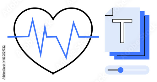 Heartbeat within heart shape next to stack of documents and slider for personalization. Ideal for health, medical data, customization, user preferences, digital tools, wellness, simple landing page