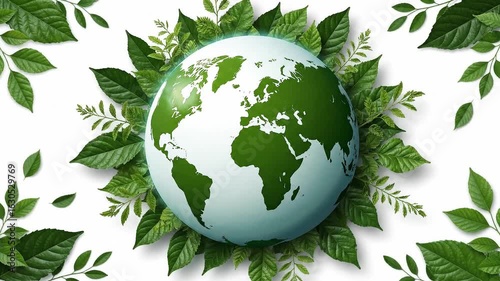 Globe green continents on white encircled by leaves