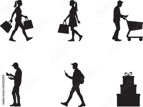 Shoppers silhouettes with bags and gifts for lifestyle concepts