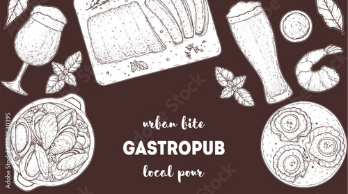Gastropub menu. Pub food and beer. Hand drawn vector illustration. Food and drink sketch. Top view. Hand drawn food collection for gastropub or pub menu design. Beer, spareribs, scallops and snacks.