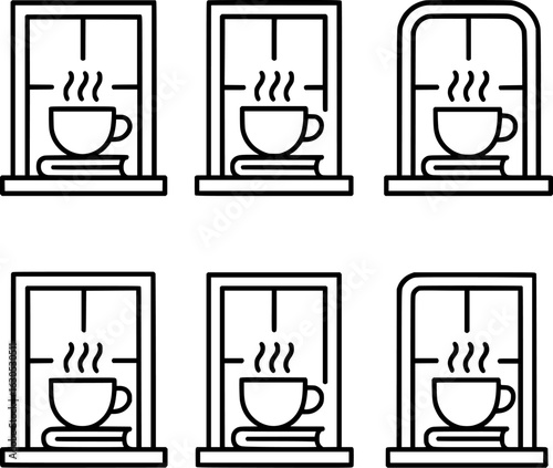 Teacup on window sill with book vector icon set 