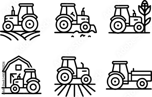 Tractor farming field plowing barn crop agriculture icon set vector illustration 