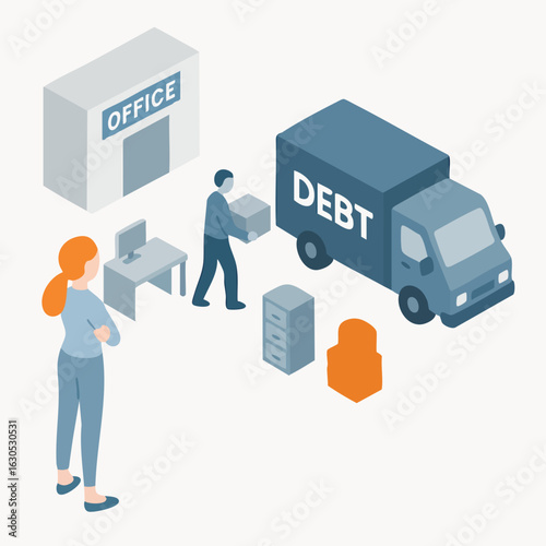 Isometric Illustration of Business Relocation Due to Debt Financial Crisis
