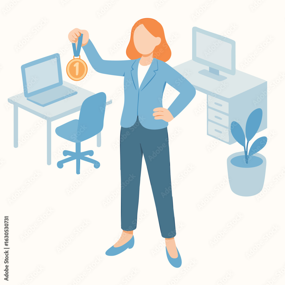 Obraz premium Flat Style Faceless Businesswoman Holding Gold Medal Achievement Illustration