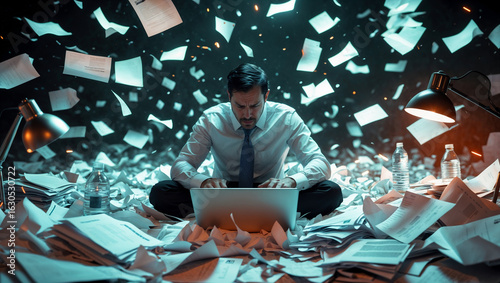 A hardworking man stands amid hundreds of documents swirling dramatically in mid-air, creating a surreal, intense dark scene that vividly captures anxiety, overwhelming pressure, information overload.