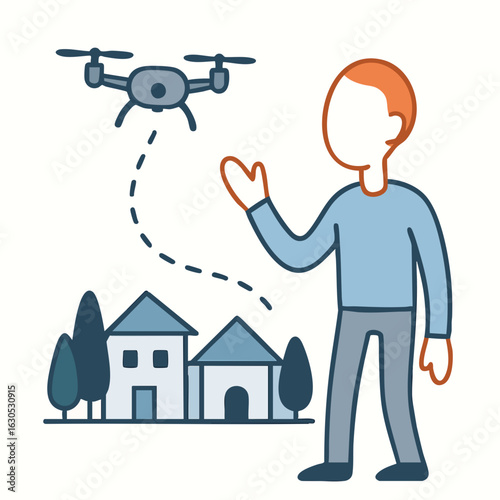 Simple Line Style Man Operating Drone Over Houses Illustration