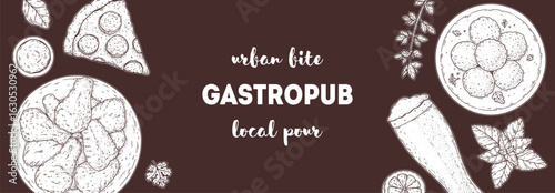 Gastropub menu. Pub food and beer. Hand drawn vector illustration. Food and drink sketch. Top view. Hand drawn food collection for gastropub or pub menu design. Beer,