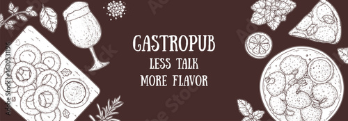 Gastropub menu. Pub food and beer. Hand drawn vector illustration. Food and drink sketch. Top view. Hand drawn food collection for gastropub or pub menu design. Beer,