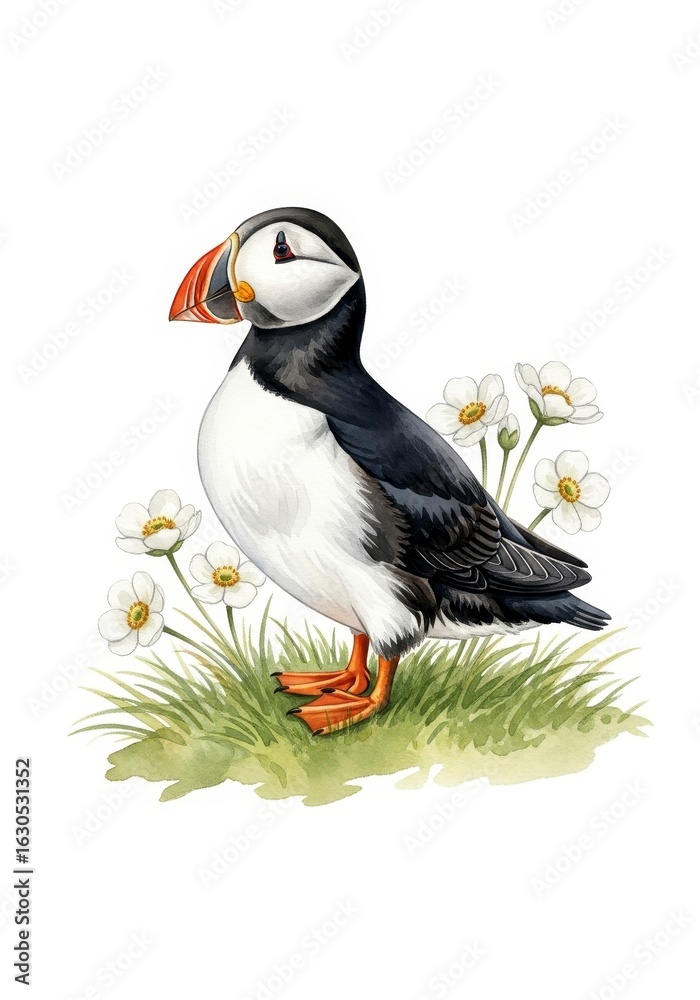 Naklejka premium Atlantic Puffin and Wildflowers - A charming illustration of a single Atlantic puffin perched amidst white wildflowers on a grassy cliff.