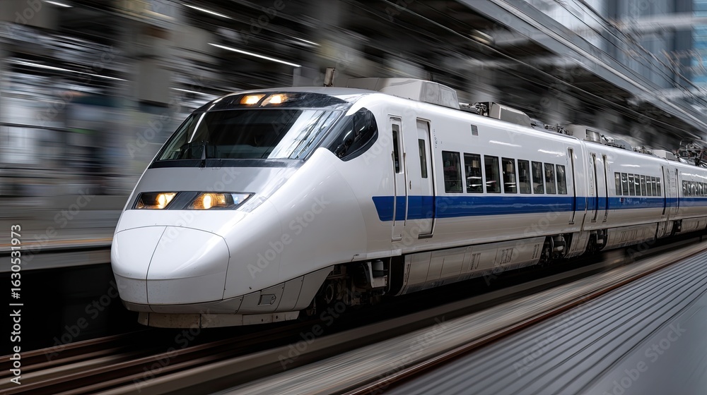 Fototapeta premium A high-speed train zoos by, featuring a sleek white and blue design with vibrant lights illuminating the busy urban area at night