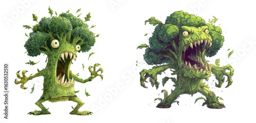 Scary broccoli monster with sharp teeth and claws, a creepy vegetable character with an open mouth, isolated on transparent background