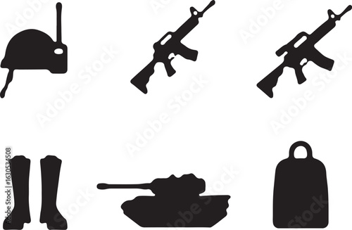 Powerful military equipment ready for action in black silhouette