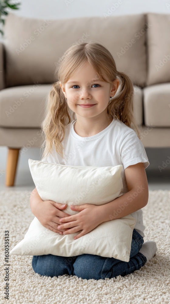 Fototapeta premium Little girl in white T-shirt and blue shorts is joyfully holding a pink pillow while sitting on the carpet surrounded by warm decor