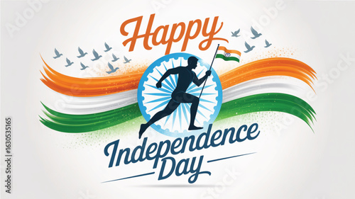 Runner holding Indian flag with Ashoka Chakra and tricolor waves, celebrating India’s Independence Day with motion, pride, and unity