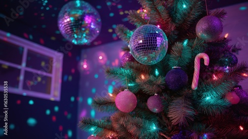 Neon-themed christmas tree with candy decorations and festive disco balls for holiday celebration