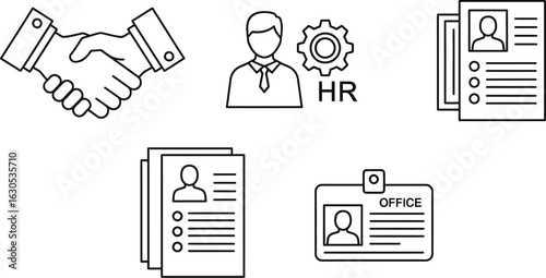 Vector art of set of thin line icons related to human resources, recruitment, and employment, representing job search and career management