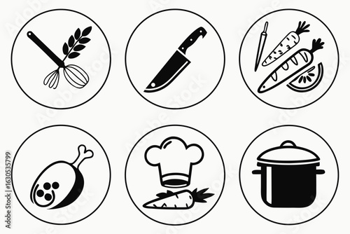 Culinary Icons Whisk Knife Carrots Chicken Chef Hat Pot.