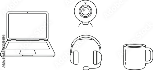 Vectore art Illustration of laptop, webcam, headphones, and mug, representing remote work and online communication