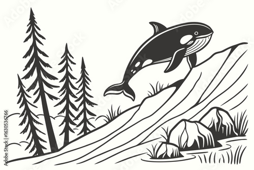 Orca Whale Leaping Over Rocky Shoreline with Pine Trees.