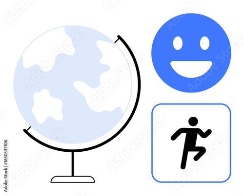 Globe on stand, blue happy face, running person icon in box. Ideal for education, travel, motivation, global unity, positivity health and fitness. Perfect for a simple landing page