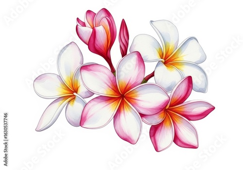 Plumeria Blossom Bouquet - Elegant pink and white plumeria flowers, symbolizing beauty, tranquility, new beginnings, paradise, and serenity