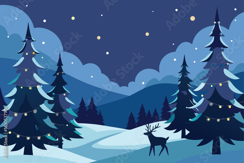 snow covered forest at twilight  tall pine trees