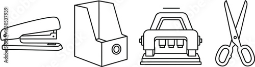 Black outline vectore illustration of office supplies icons 