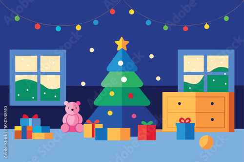 indoor kids  playroom filled with christmas toys